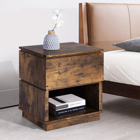 SESSLIFE Nightstands for Bedroom, Wooden Bedside Table with Drawer Storage, End Table for Living Room Sofa Side, Farmhouse Brown Side Table with Open Shelf and 19.7" L x 15.7" W Table Top, X1896