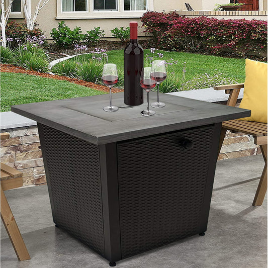 SESSLIFE Propane Fire Pit Table, 32 inch 50,000 BTU Square Outdoor Propane Fire Pit with Lid, Waterproof Cover, Lava Rack, Gray Wood Grain Table Top, Gas Fire Pit for Backyard Patio Garden, X881