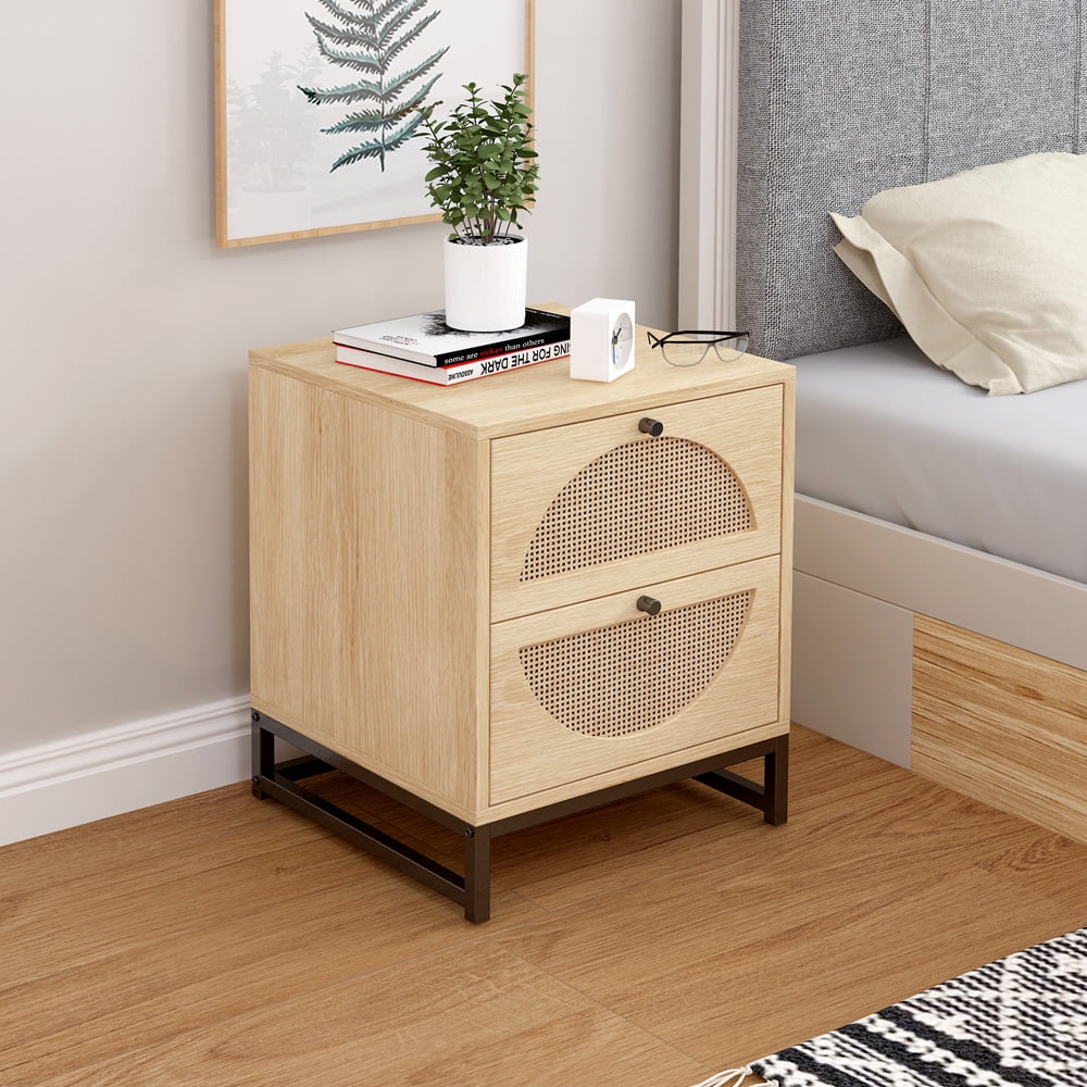 Bedside Table with Drawers, Sesslife End Table for Bedroom Living Room, Storage Side Table with Iron Frame and Round Handle, Modern Wood Nightstand with Natural Rattan Decor, Natural