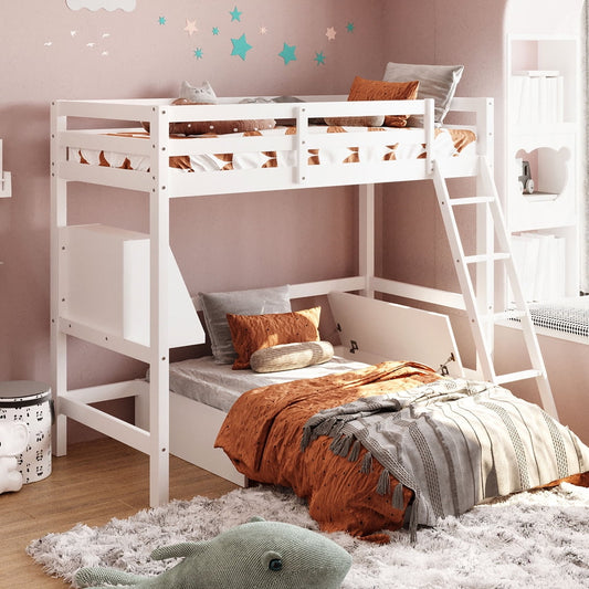 Kids Twin Loft Bed with Storage, Sesslife White Loft Bed Wood for Kids Teens Room, Modern Design Twin Size Loft Bed with Convertible Lower Bed, Storage Drawer and Shelf, No Box Spring Needed