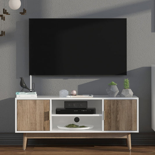 SESSLIFE Modern TV Stands Console for TVs Up to 65", Wood Console Cabinet TV Stand with 2 Hidden Storage Cabinets and 2 Open Shelves, Natural, X2778
