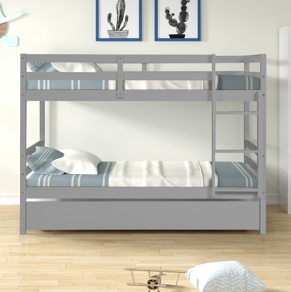 Sesslife Wood Bunk Beds, Twin Over Twin Bunk Bed Frame with Ladder and Guardrail, Kids Bunk Bed with Trundle, Modern Platform Bed No Box Spring Needed, Gray