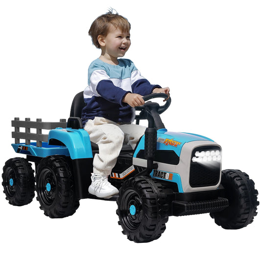 12V Kids Ride on Tractor with Trailer, Sesslife Battery Powered Electric Ride on Car w/ Remote Control, 3 speed, Power display, USB,MP3 , Bluetooth, LED light, Electric Vehicles for Boys Girls, Blue