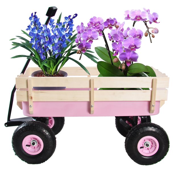 Steel Utility Cart with Removable Wood Sides, Sesslife Garden Wagon with 10" Tires, Extra-long Handle, 176-lbs. Capacity, Pink Wagons for Kids Adults Use, Outdoor All-terrain Beach Wagon, Pink