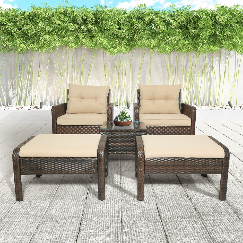 5 Piece Patio Furniture Set, Sesslife Outdoor Conversation Set for 2-4, Wicker Patio Set w/2 Ottoman, 2 Chair, Brown Cushions, 1 Tempered Glass Table, Steel Outdoor Bistro Set for Backyard Deck, X3175