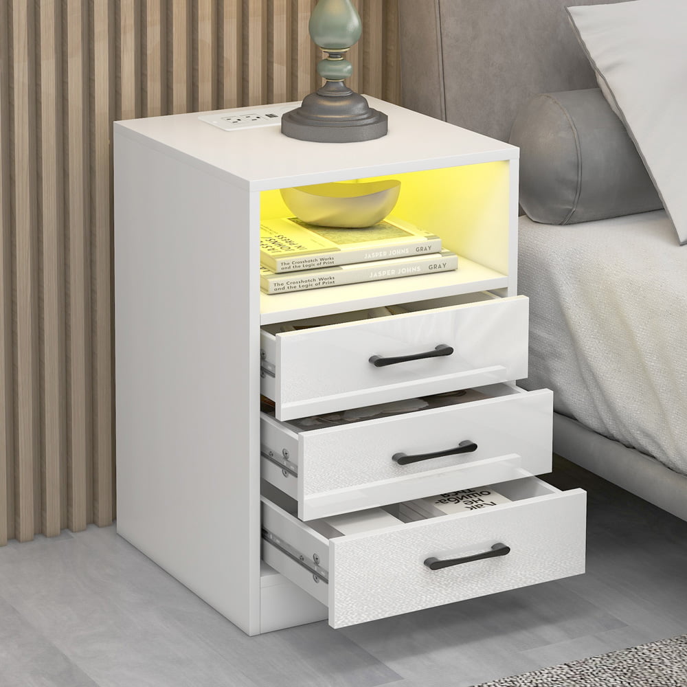 Sesslife White Nightstand for Bedroom with 3 Drawers and Shelf, Modern Bedside Table with USB Charging Ports and Outlets, LED Light, Multifunctional Wood Side Table