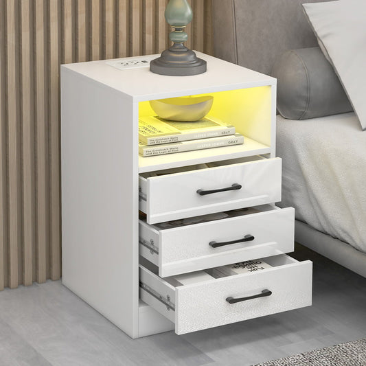 Sesslife Modern Nightstand with LED Light, USB Charging Ports and Outlets, Wood Bedside Table with Storage Drawers and Shelf for Bedroom Living Room, White