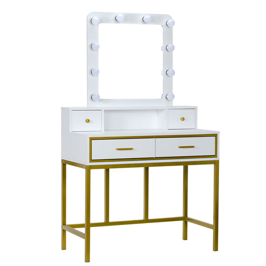 Vanity Table with 10 Lights, SESSLIFE 4 Storage Drawers Makeup Dressing Desk with Mirror, White Wooden Bedroom Vanity Desk, X210