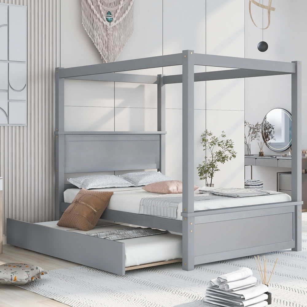 Wood Canopy Bed with Trundle Bed, Sesslife Full Size Canopy Platform Bed With Support Slats, No Box Spring Needed, Modern Style Canopy Platform Bed with Headboard and Footboard, Brushed Gray