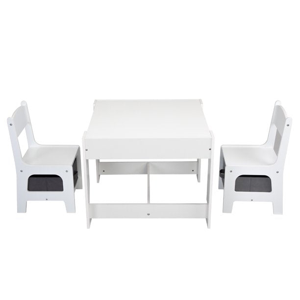 White Kids Table and Chairs Set, SESSLIFE Double-Sided Table and Chair Set with Storage Boxes & Blackboard, 3 in 1 Wood Child Activity Table Set, White, X688