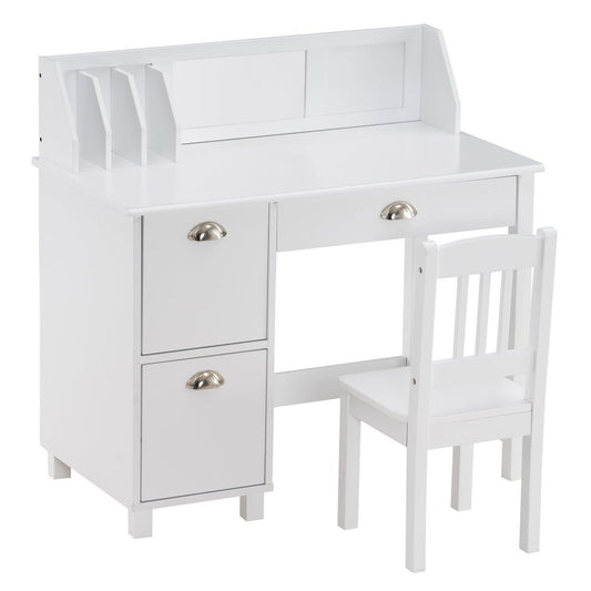 Kids Table and Chair Set, SESSLIFE Wood Kids Desk & Chair with Storage Drawer, 2 Cabinets, Stand-up Book Organizer, Student Desk and Chair Set for Bedroom Offce, White, X176