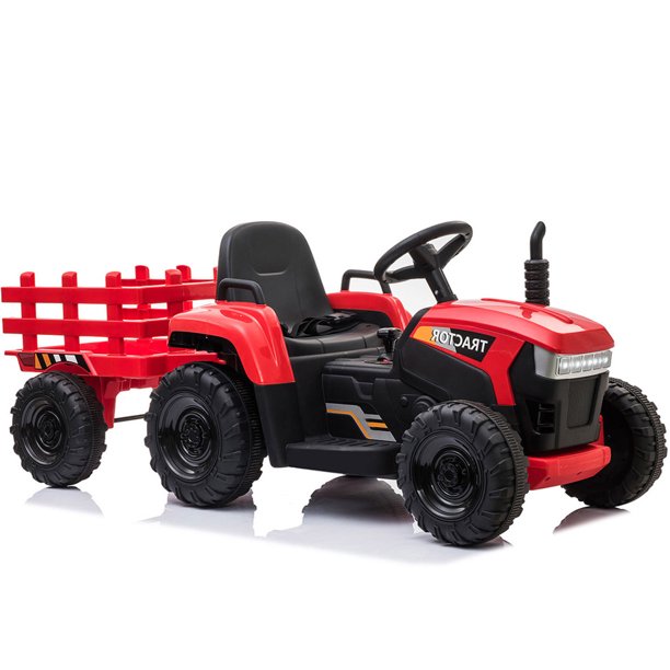 12V Kids Ride on Tractor with Trailer, Sesslife Battery Powered Ride on Car w/ Music, USB, LED Light, Horn, Electric Ride on Toy for 3-5 Ages, Outdoor Kid Pickup Truck for Girl Birthday Gift