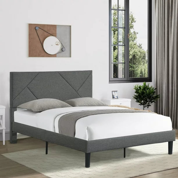 Sesslife Gray Platform Bed Frame, Twin Bed Frame with Upholstered Headboard, Twin Floor Bed Frame, Mattress Foundation, No Box Spring Needed, Easy Assembly