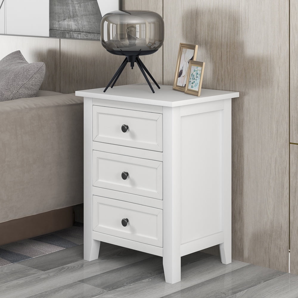 Wood Nightstand With 3 Drawers, Bedside Table with Storage, Modern Storage Cabinet for Bedroom Living Room Entryway, White End Side Table 25" Tall, X2646