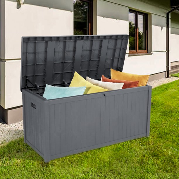 Sesslife Outdoor Storage Box, 51 Gallon Gray PP Plastic Waterproof Deck Storage Box Bench, Indoor/Outdoor Storage Bin Container for Patio Cushions, Garden Tools and Pool Toys