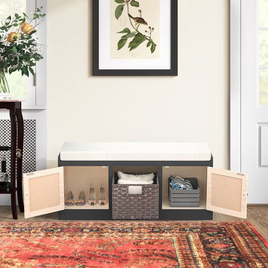 Espresso Wood Bench, Storage Benches with Removable Cushion, Bedroom Storage Benches with 2 Cabinets and 1 Rattan Basket, 44.88"L x 15.35"W x 19.69"H, X2672