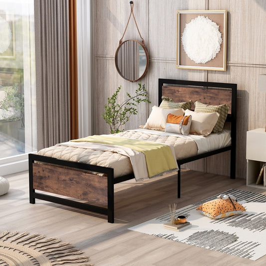 Sesslife Metal Twin Size Bed Frame, Industrial Style Platform Bed with Headboard & Footboard, No Box Spring Needed, Twin Bed Frame with Steel Slats System for Kid Adult, Hold up 220 Lbs, Black, X3191