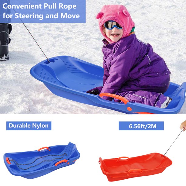 SESSLIFE Plastic Sleds for Kids Teens, 2 Packs Snow Sled with Pull Rope & 2 Brake, 35'' Long Durable Winter Sleds for Snow, Outdoor Toy for Two-Person, Blue & Orange