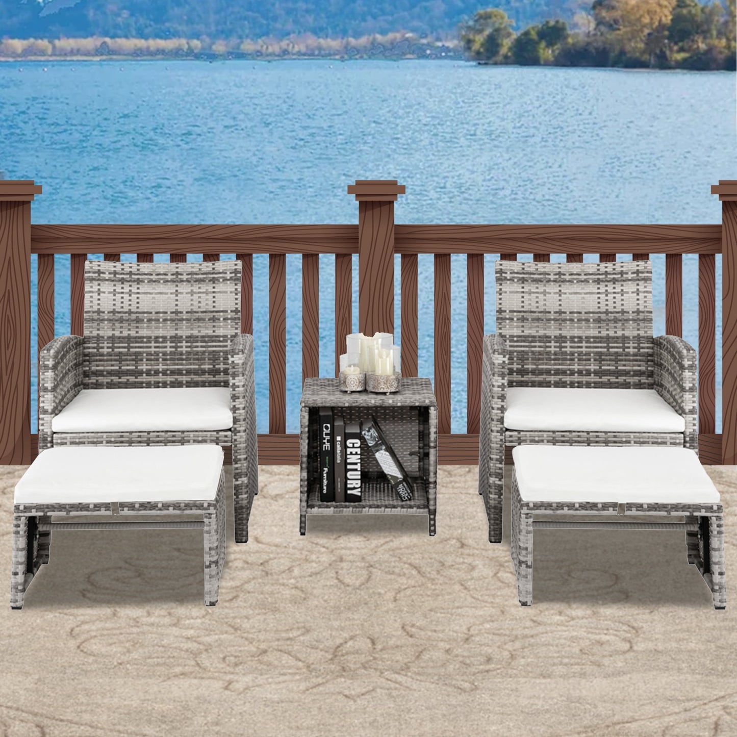 5-Piece Patio Sofa Set, Sesslife Outdoor Furniture Set with 2 Single Sofas, 2 Footstools, 1 Table, Cushions, Wicker Rattan Patio Conversation Set for Garden, Deck Furniture Set for 2-4, Gray Gradient