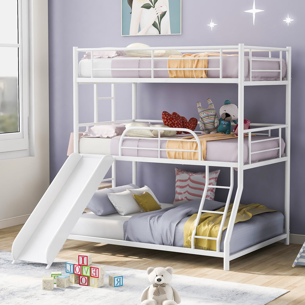 Metal Bunk Bed Twin over Twin over Full, SESSLIFE Kids Triple Bunk Beds with Slide, Platform Bed Frame with Ladder and Guard Rail, No Box Spring Needed, Space Saving Bedroom Furniture, White, X2207