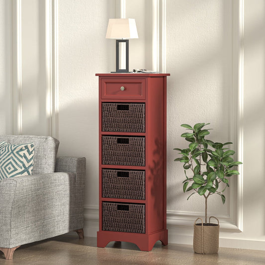 1 Drawer Dresser, SESSLIFE Red Tall Tower Dresser with 4 Woven Pull Out Baskets, Organizer Cabinet for Bedroom Hallway Living Room Storage, Wood Standing Chest Farmhouse Style Furniture, Red, X628