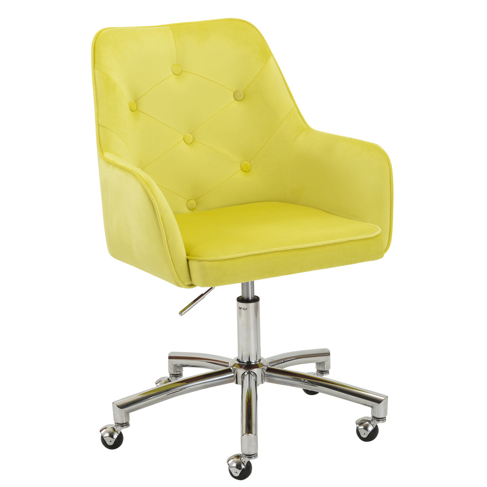 Tufted Backrest Computer Chair, SESSLIFE Adjustable Height Home Office Chair with Swivel Wheels, Modern Vanity Chair with Armrests and Soft Seat, Yellow Velvet Desk Chairs, X2522