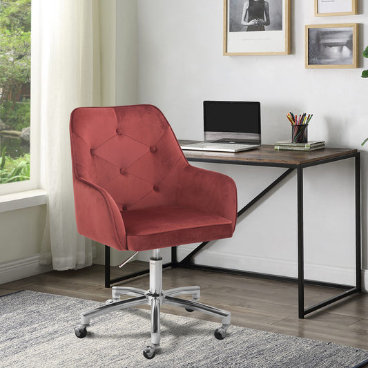 SESSLIFE Tufted Backrest Computer Chair, Adjustable Height Home Office Chair with Swivel Wheels, Modern Vanity Chair with Armrests and Soft Seat, Red Velvet Desk Chairs, X2515