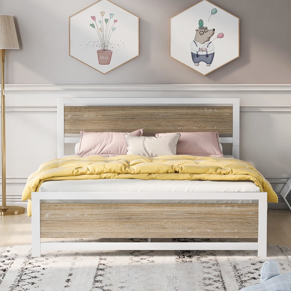 Sesslife Queen Bed Frame with Headboard, Metal Platform Bed Frame No Box Spring Needed, Queen Size Bed for Kids Teens Adults, White Platform Bed with Steel Slats Support, Mattress Foundation, X3184