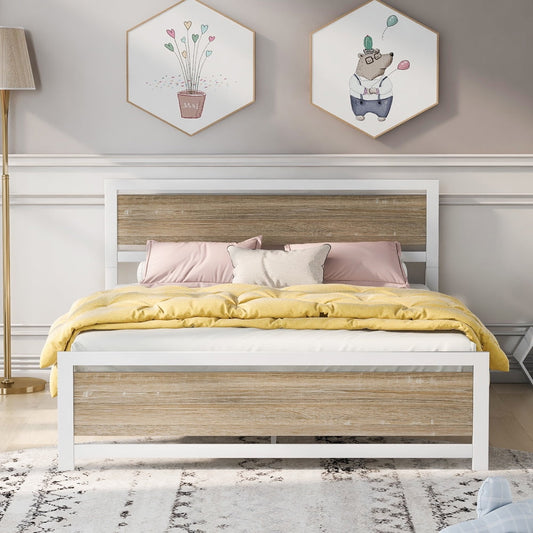 Sesslife Queen Platform Bed Frames, Queen Bed Frame with Wood-grain Headboard and Footboard, Industrial Metal Bed Frame No Box Spring Needed, Queen Bed for Kids Adult Bedroom Guest Room, White, X3190