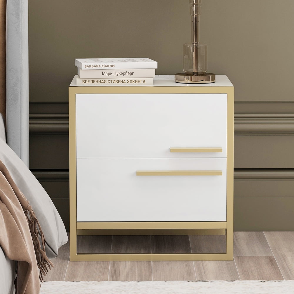 Sesslife Nightstand with 2 Drawers & USB Charging Ports, Storage Bedside Table with Golden Handle and Metal Frame, Modern and Retro Style Bedroom Furniture, Living Room End Side Table, White