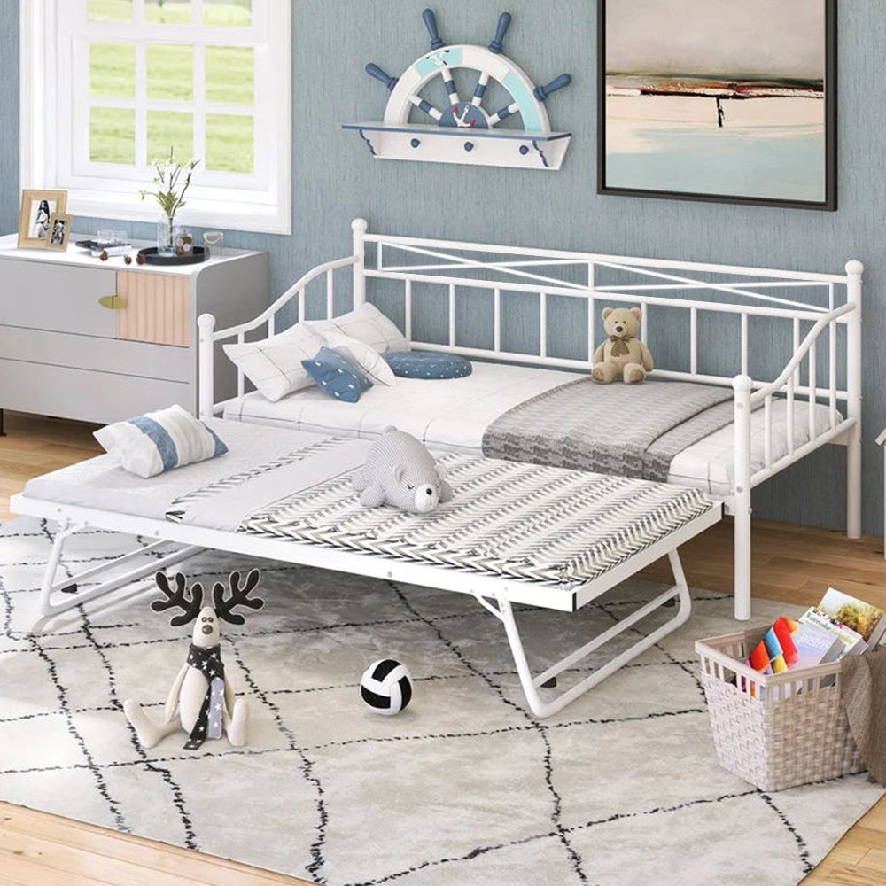 Sesslife Twin Size Daybed, Metal Sofa Bed with Adjustable Trundle, White