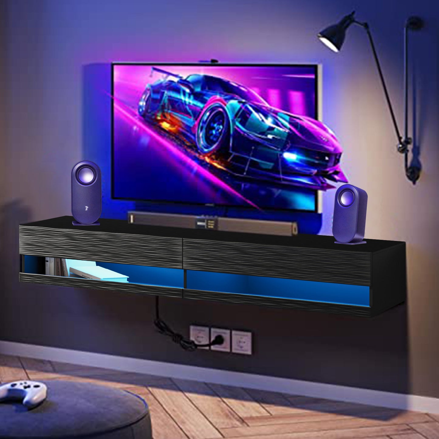 Sesslife Floating TV Stand Wall Mounted, LED Entertainment Center with Storage Cabinets, TV Stand for 80 Inch TV, Gaming Entertainment Center Console Table with Lights, Black