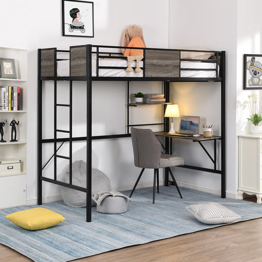 Twin Loft Beds for Kids, SESSLIFE Metal Loft Bed with Desk and Storage Shelf, Black Loft Bunk Bed No Box Spring Needed for Bedroom Dorm, Twin Beds with Gray Pine Wood Headboard, X1956