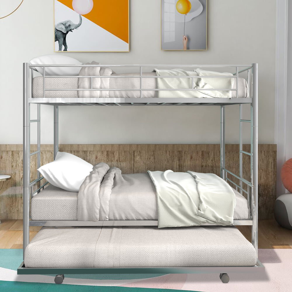 Twin over Twin Bunk Beds with Trundle, SESSLIFE Metal Bunk Bed Frame with Ladders and Full-length Guard Rail, Space Saving Bunk Beds for Kids Teens Guest Room, No Box Spring Needed, Silver, X2189