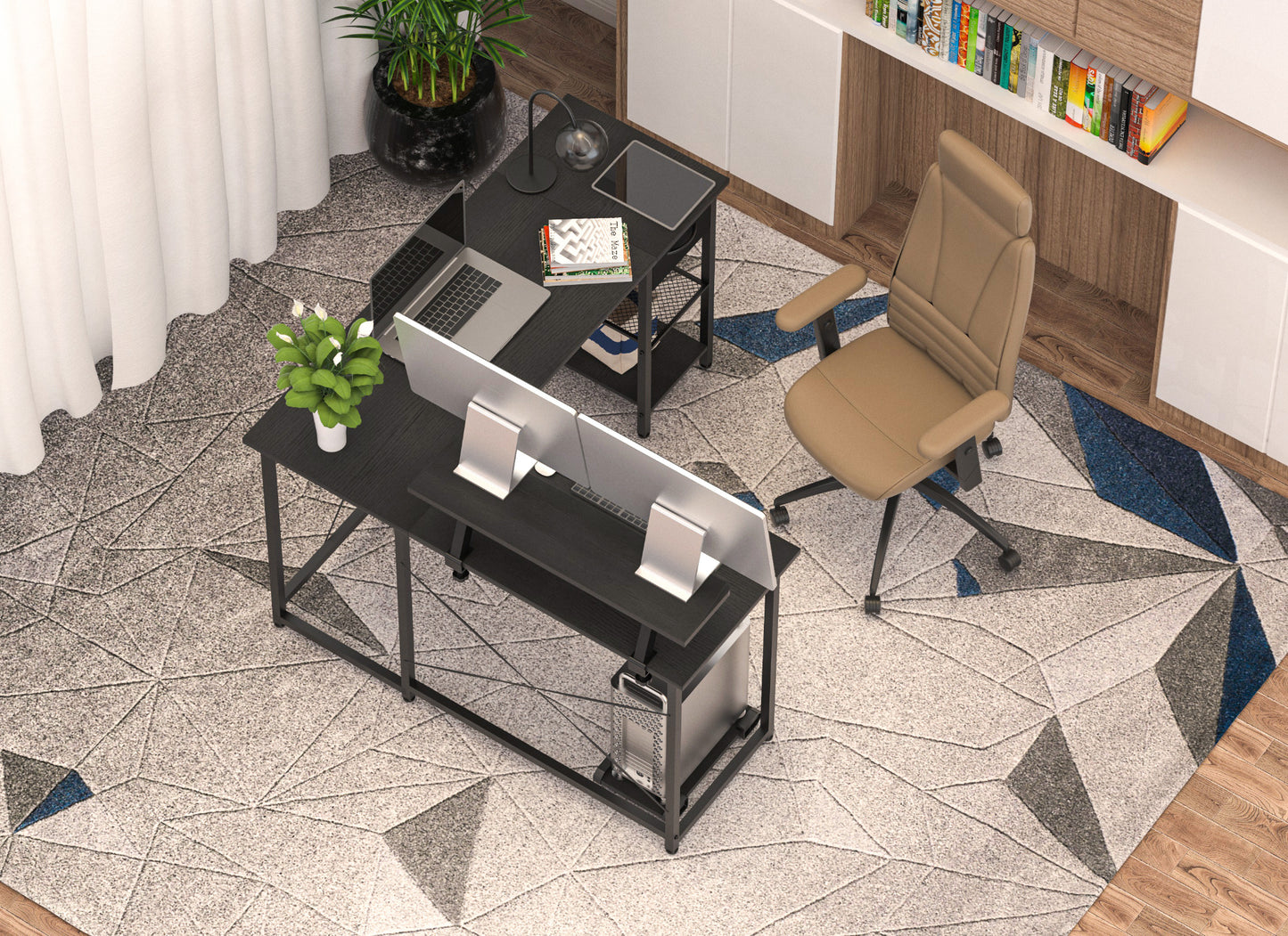 Large Computer L-Shaped Desk, White Writing L-Shaped Desk，Modern Study L-Shaped Desk with Metal Frame，Large 2 Person Table for Home Office Workstation