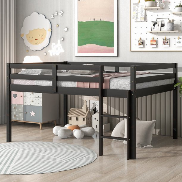 Sesslife Low Loft Bed, Wood Twin Loft Bed Frame with Ladder and Guardrails, No Box Spring Required, Easy Assembly (White)