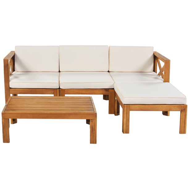 Sesslife Acacia Wood Outdoor Furniture Set, 5-Piece Sectional Sofa for Patio Backyard, Patio Seating Group with 2 Corner Sofas, Armless Sofa, Ottoman, Tea Table, Beige Cushions and Back Pillows