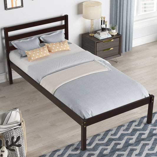 Twin Bed Frame No Box Spring Needed, Sesslife Wood Platform Bed with Headboard, Slats Support, Modern Bed Frames for Bedroom Guest Room, Espresso