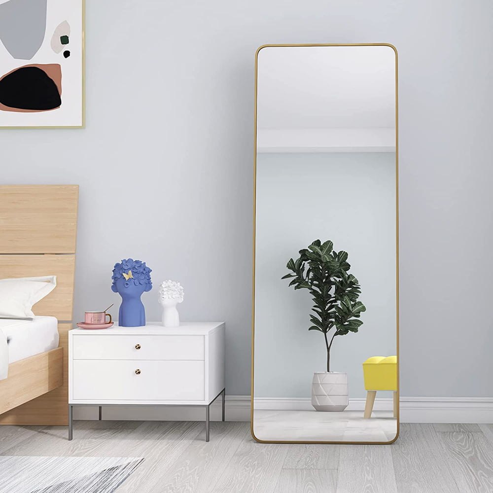 Round Corner Full Length Mirror, Sesslife Standing Full Length Mirror with Adjustable Stand, Silver Aluminum Frame, Rectangle Body Floor Mirror Full Length for Bedroom Living Room Dressing, 63" x 20"