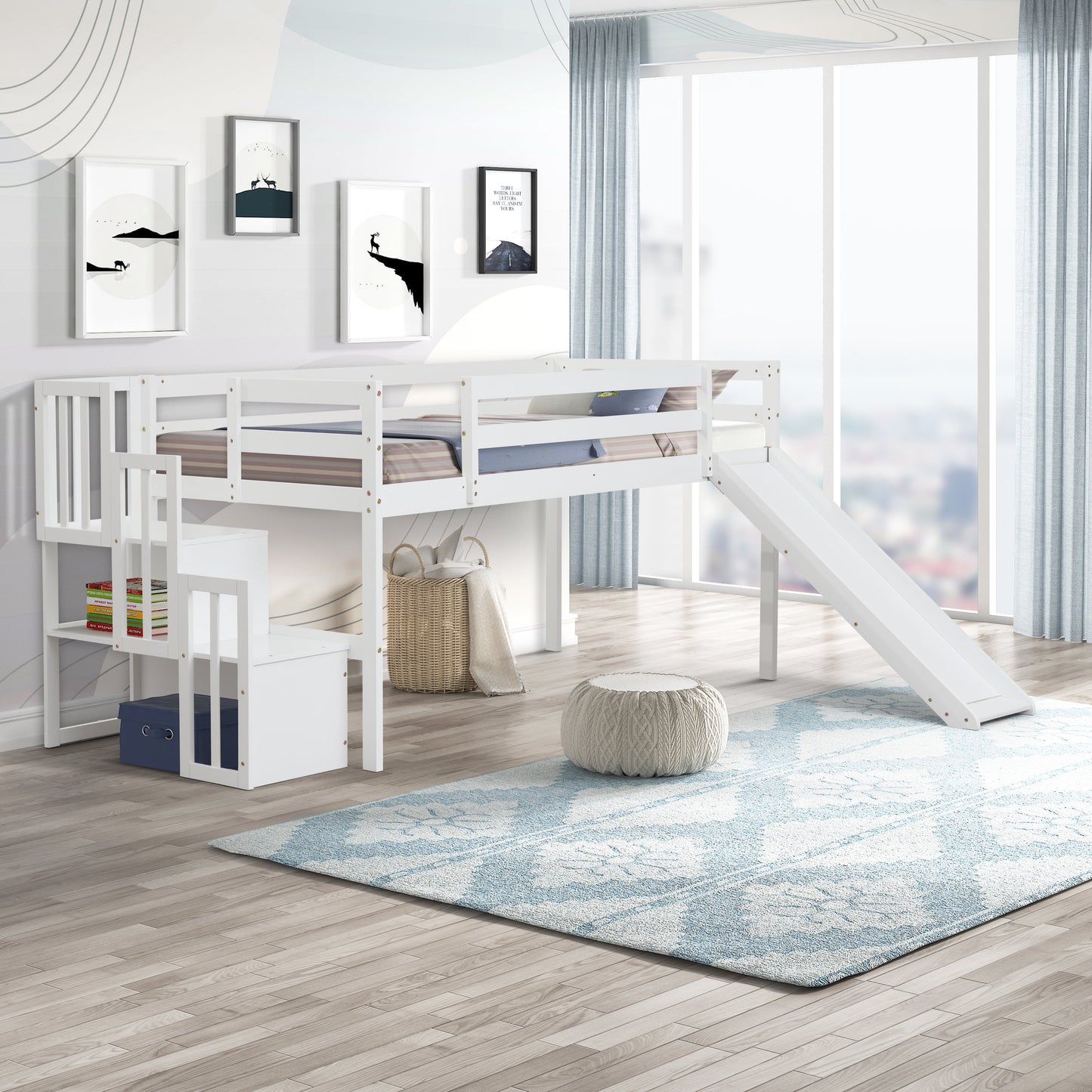 Loft Bed with Stair and Slide, SESSLIFE Wooden Twin Loft Bed with Full-length Guardrail and Slats Support, Twin Size Bed No Box Spring Needed, Kids Teens Bedroom Furniture White Loft Bed, X2061