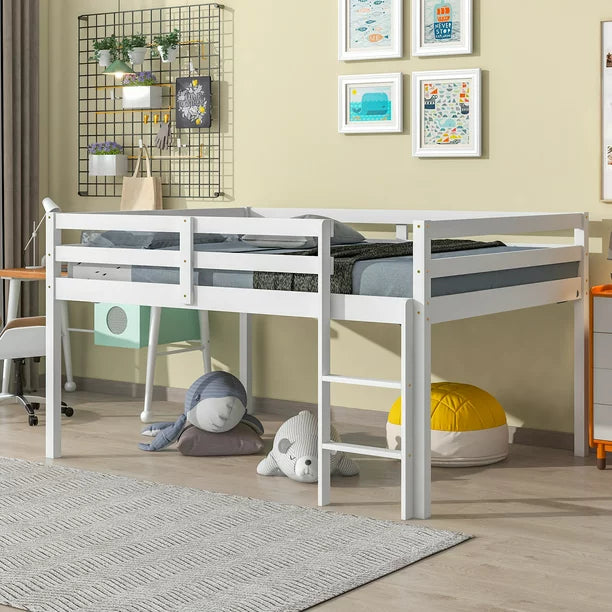 Sesslife Low Loft Bed, Wood Twin Loft Bed Frame with Ladder and Guardrails, No Box Spring Required, Easy Assembly (White)
