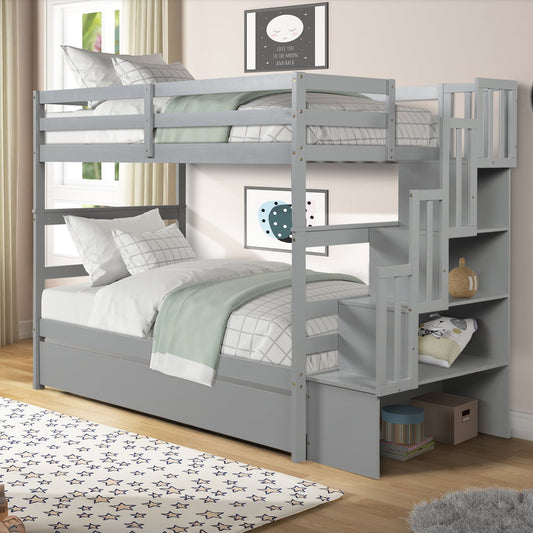 Twin Over Twin Bunk Bed with Trundle and Storage, Sesslife Kids Bunk Bed with Full-Length Guardrail, Convertible Wood Twin Bunk Bed Frame No Box Spring Needed, Triple Bunk Bed for Kids Teens, Gray