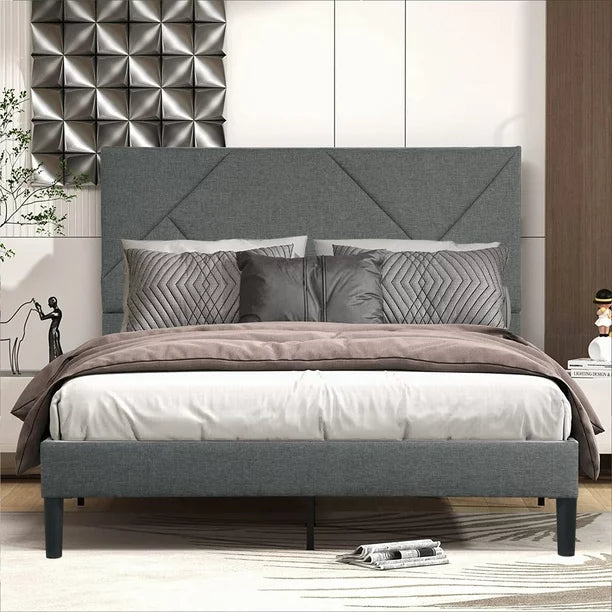 Sesslife Gray Platform Bed Frame, Twin Bed Frame with Upholstered Headboard, Twin Floor Bed Frame, Mattress Foundation, No Box Spring Needed, Easy Assembly
