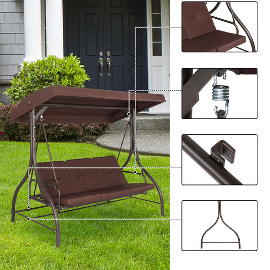 Patio Swings with Canopy, 3-Seater Outdoor Canopy Swing for Adults, Canopy Swing Glider for Porch Garden Poolside Backyard, Brown