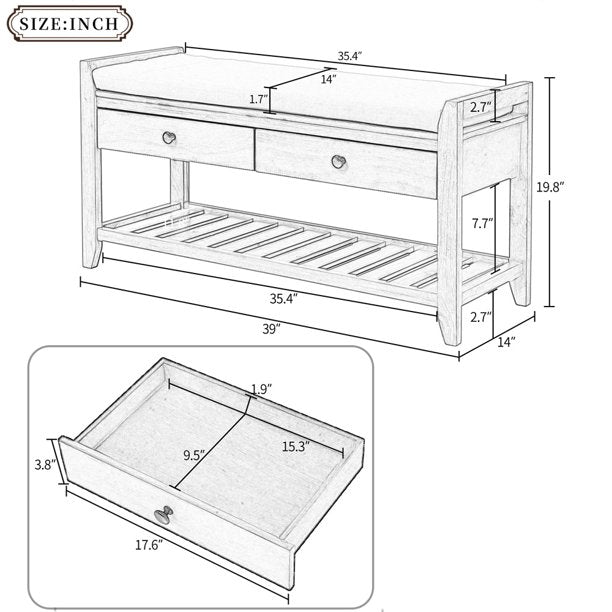 Entryway Bench with Storage Drawers, SESSLIFE Wooden Shoe Bench, Modern Storage Bench with Cushion, White, X296