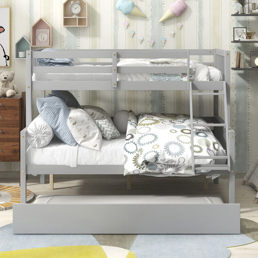 Twin over Full Bunk Bed with Trundle, Sesslife Wood Bunk Bed with Guardrail and Ladder, Modern Bunk Bed Frame for Kids/Teens/Adults Bedroom, Can Be converted into 2 Beds, Grey, X2970