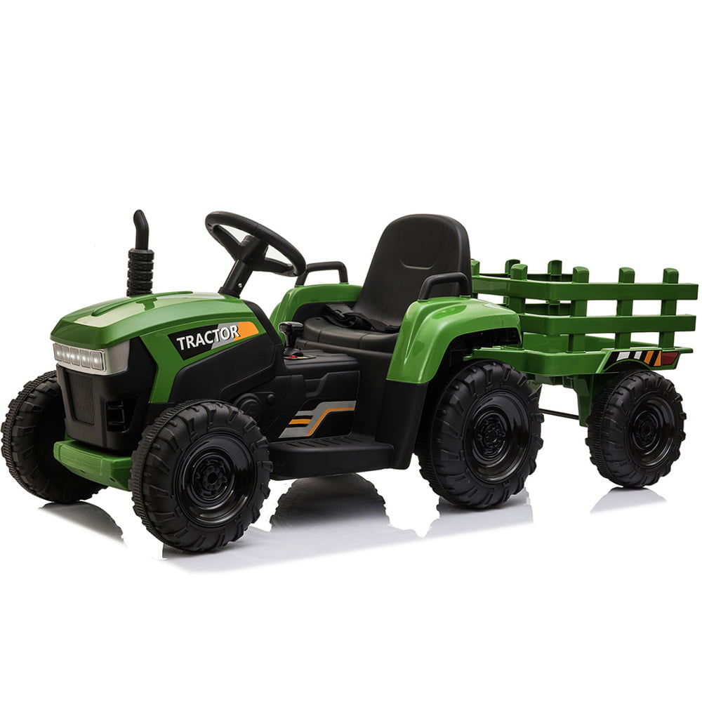 Sesslife 12V Kids Ride on Tractor with Trailer, Battery Powered Ride on Car w/ Music, USB, Lights, Horn, Electric Ride on Toy for 3-5 Ages, Outdoor Kids Pickup Truck for Boy Birthday Gift, Dark Green