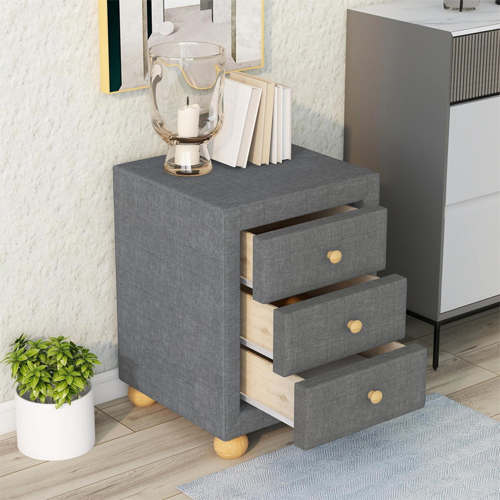 Sesslife Storage Nightstand with Drawers, Upholstered Night Stand for Bedroom, Modern Bedside Table with Natural Wood Knobs and Legs, Pine Wood Frame, Dark Gray