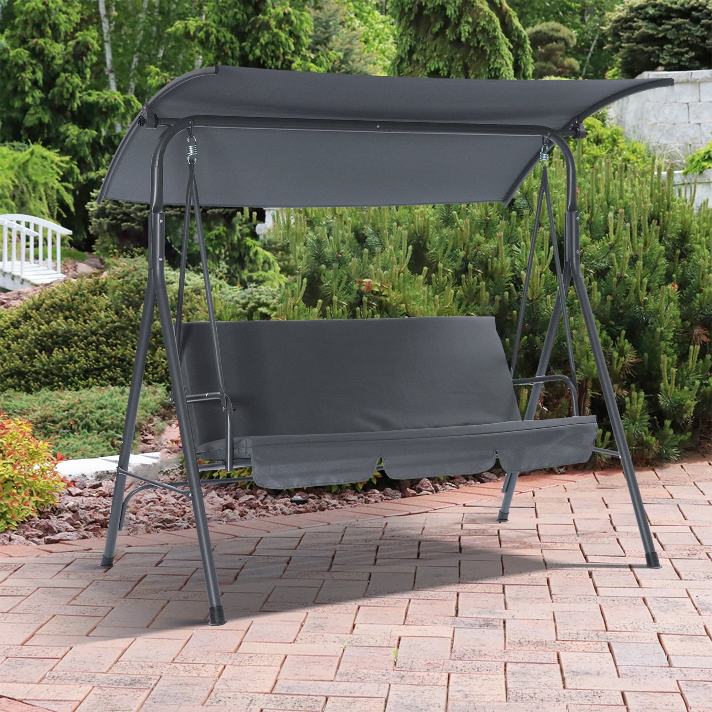 3-Person Outdoor Swing with Stand, Sesslife Porch Swing with Adjustable Convertible Canopy, Porch Swing for Patio Backyard Bench Poolside, Removable Cushions, Gray