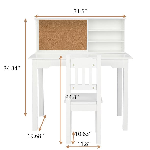 Kids Writing Desk Set for Bedroom, SESSLIFE White Wooden Desk and Chair Set with Storage for Student, X846